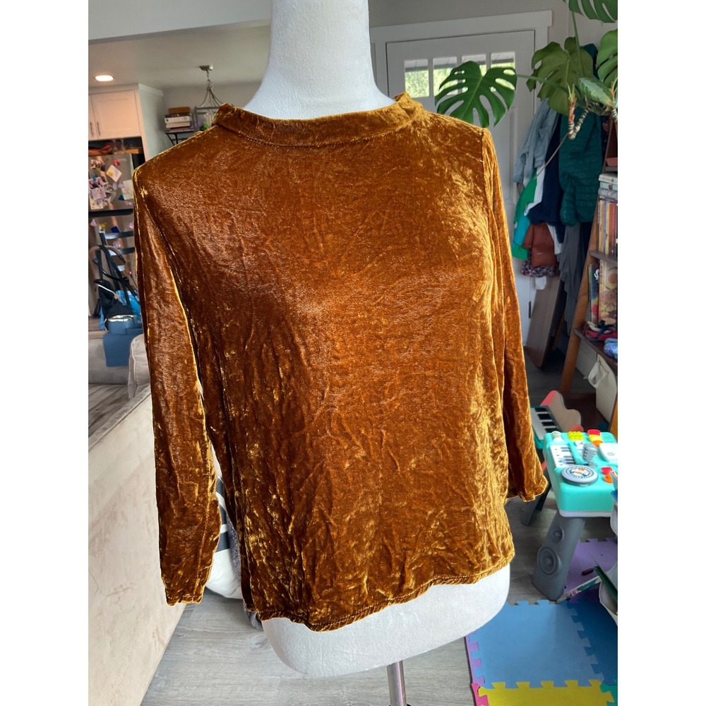 Cut Loose Women Silk Blend Velvet Mock Neck Top Burnt Mustard Gold XS USA Made